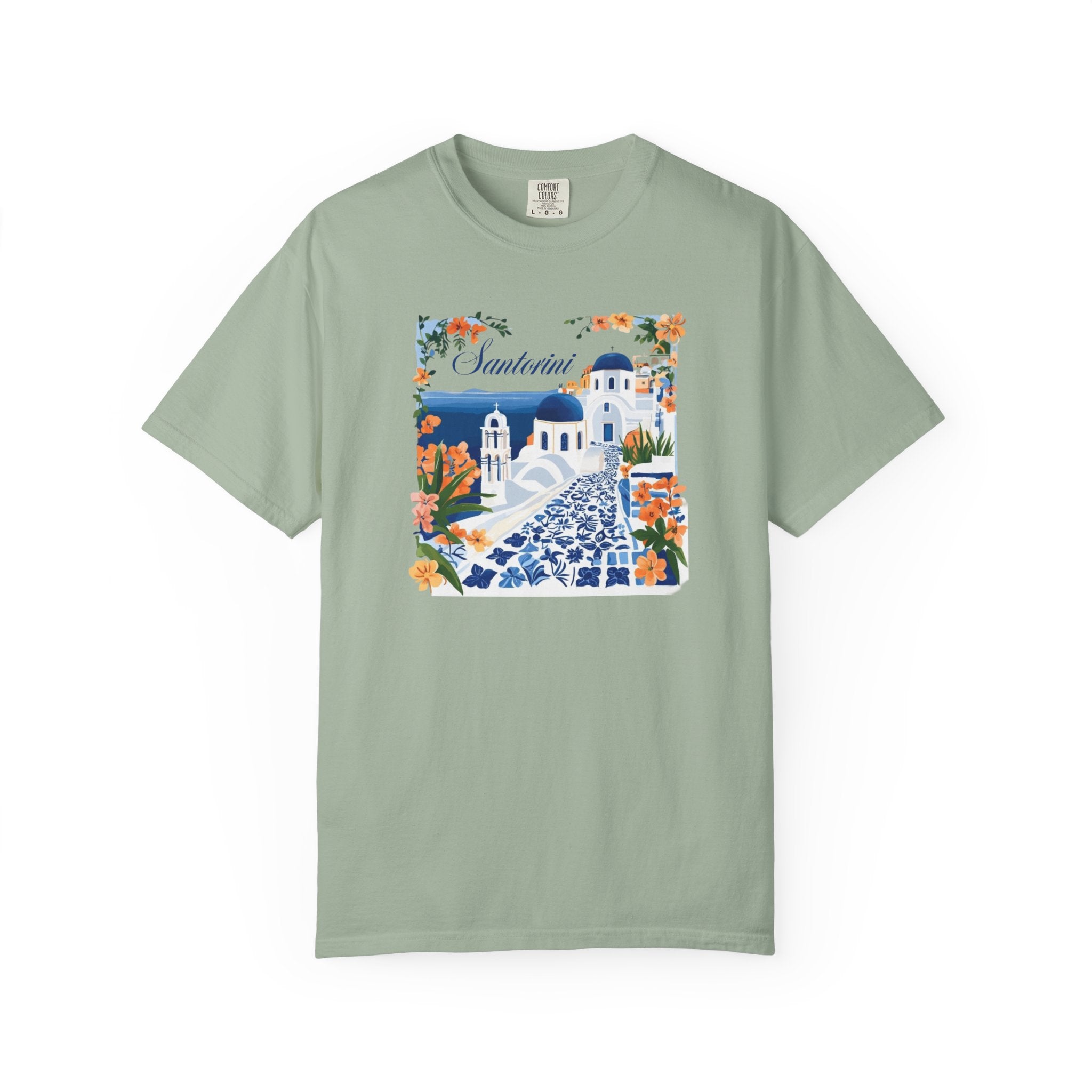 Santorini Greece Blue Domes Floral Travel Tee
