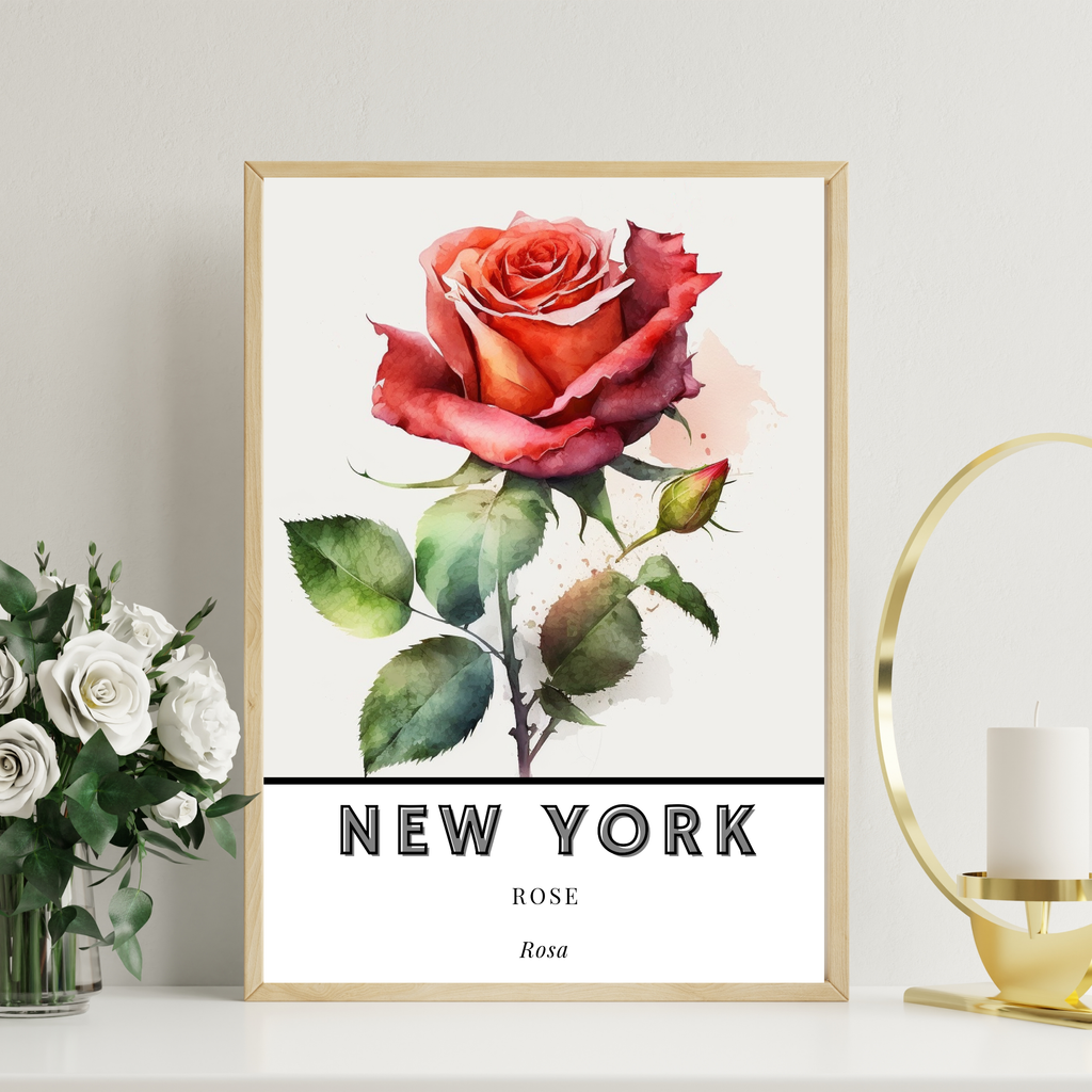 New York State Flower Poster - Rose Watercolor Print