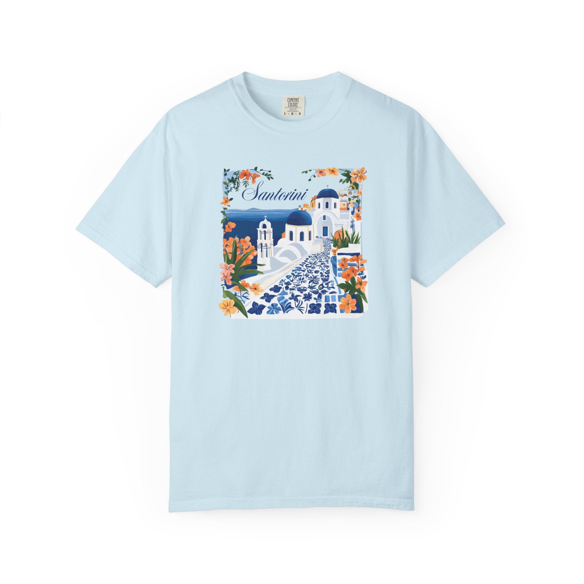 Santorini Greece Blue Domes Floral Travel Tee