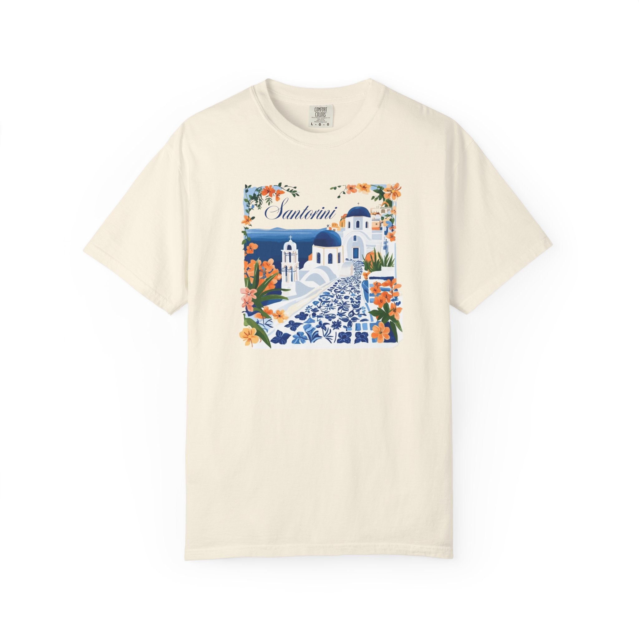 Santorini Greece Blue Domes Floral Travel Tee