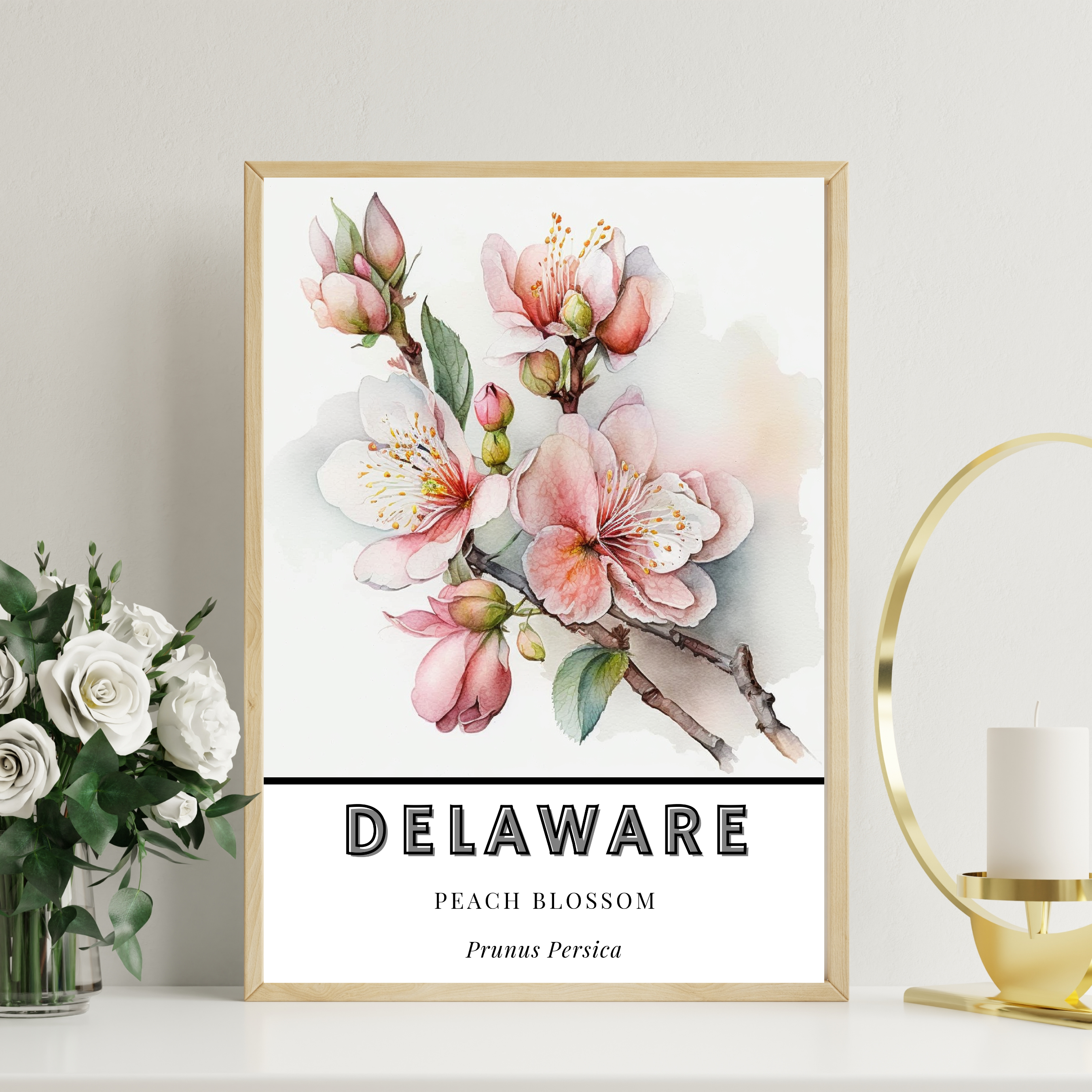 Delaware State Flower Poster - Peach Blossom Botanical Print