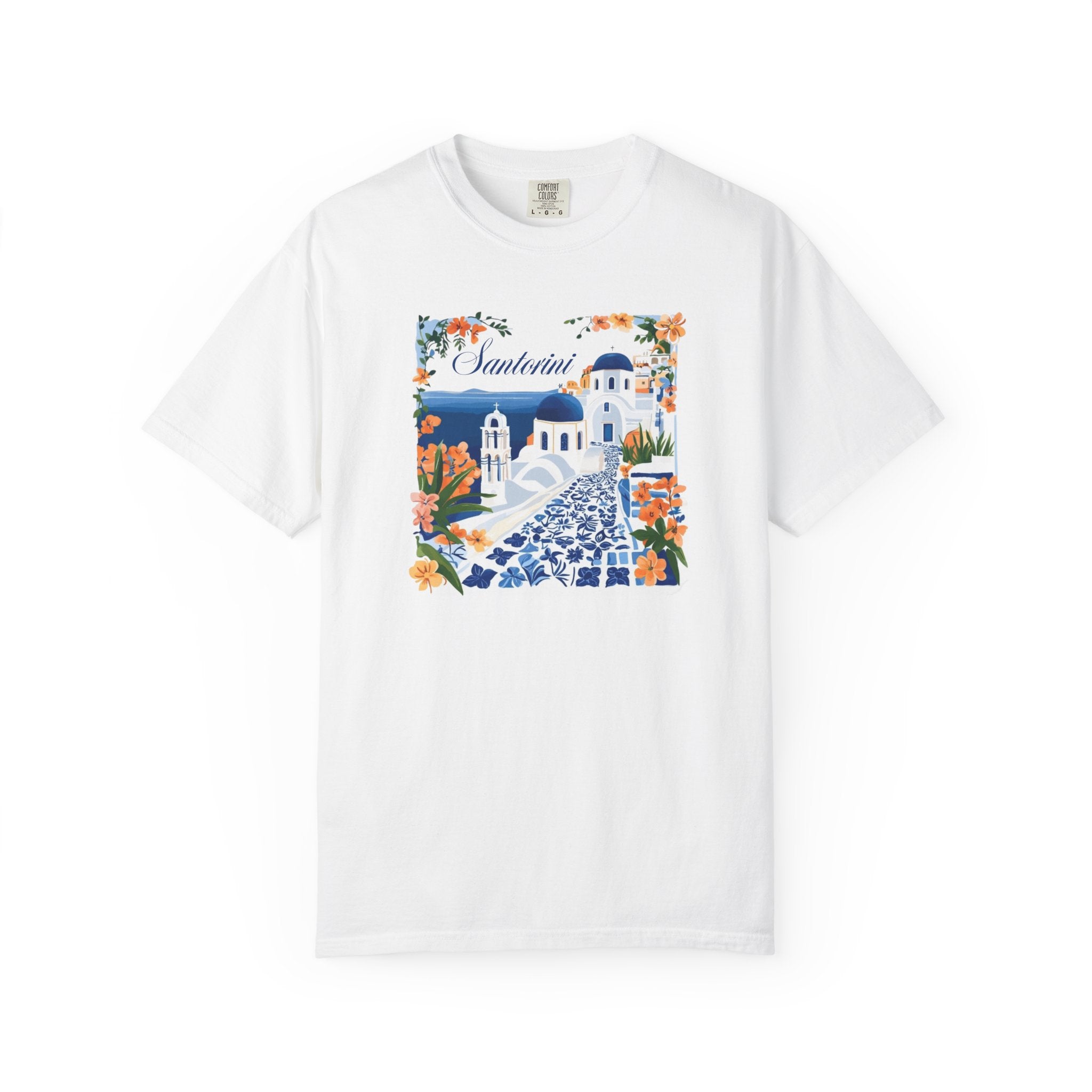 Santorini Greece Blue Domes Floral Travel Tee