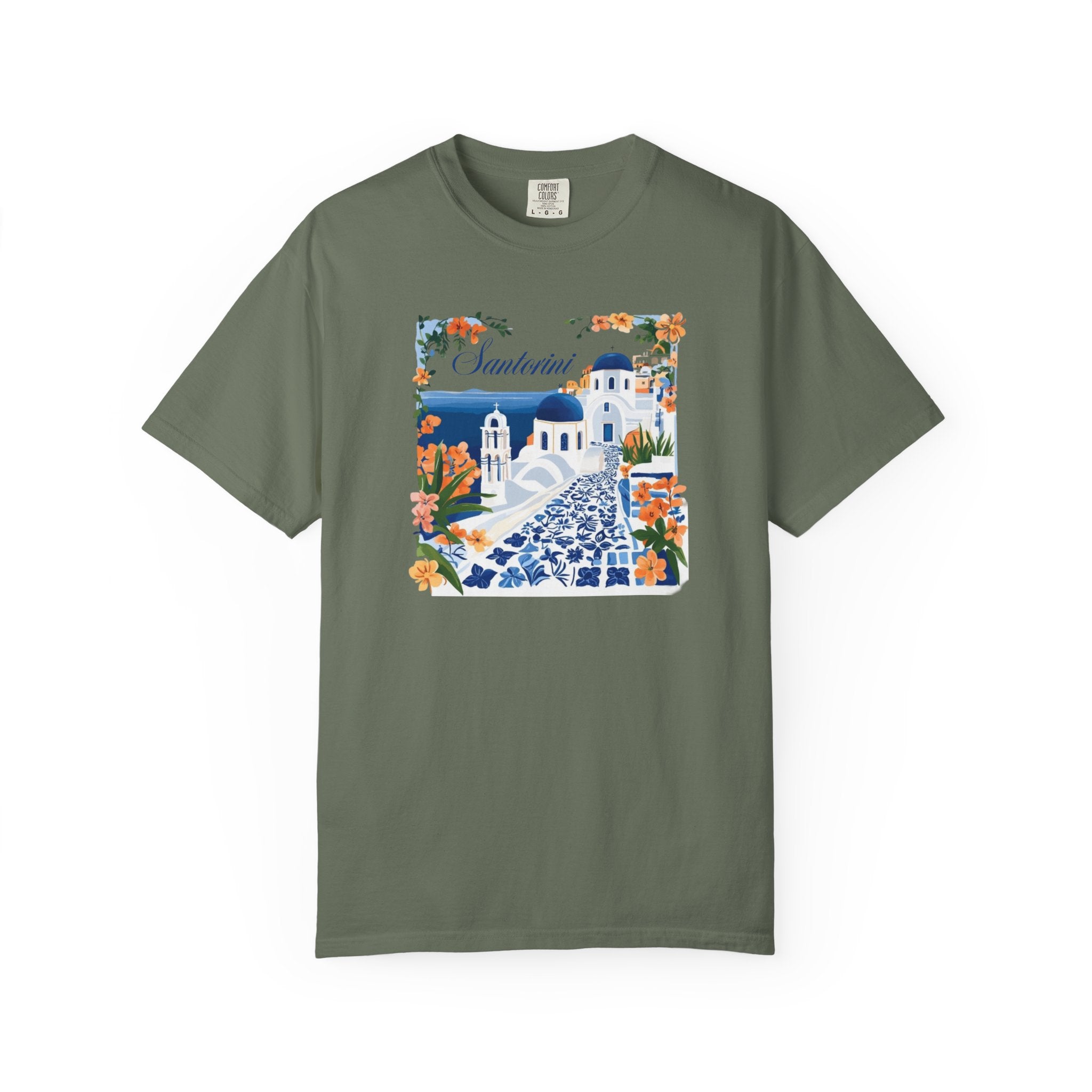 Santorini Greece Blue Domes Floral Travel Tee