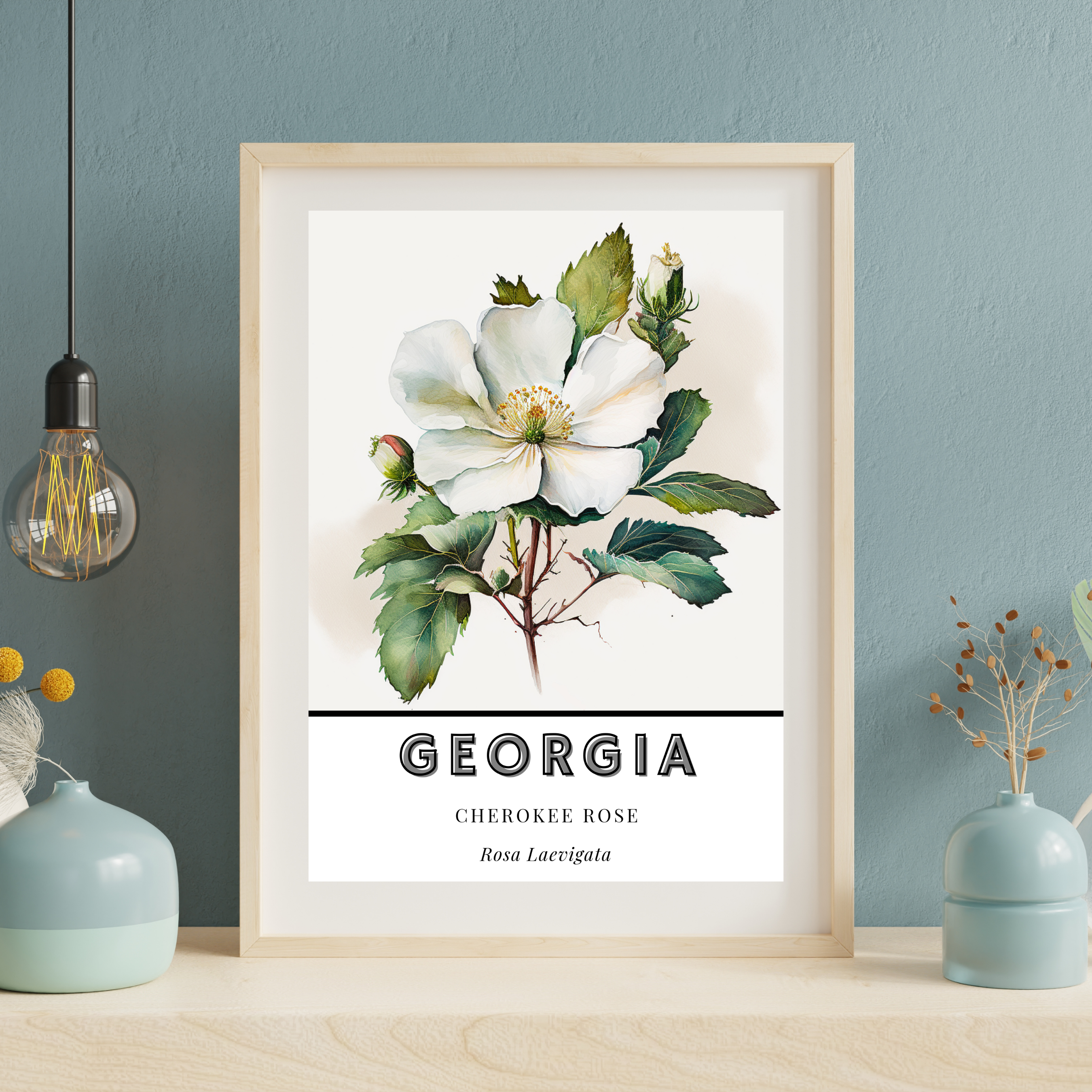Georgia State Flower Poster - Cherokee Rose Botanical Print